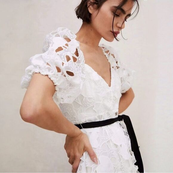 For Love & Lemons Marlene Lace Midi Dress XS White‎ Heart Embroidered Belt - Picture 2 of 14